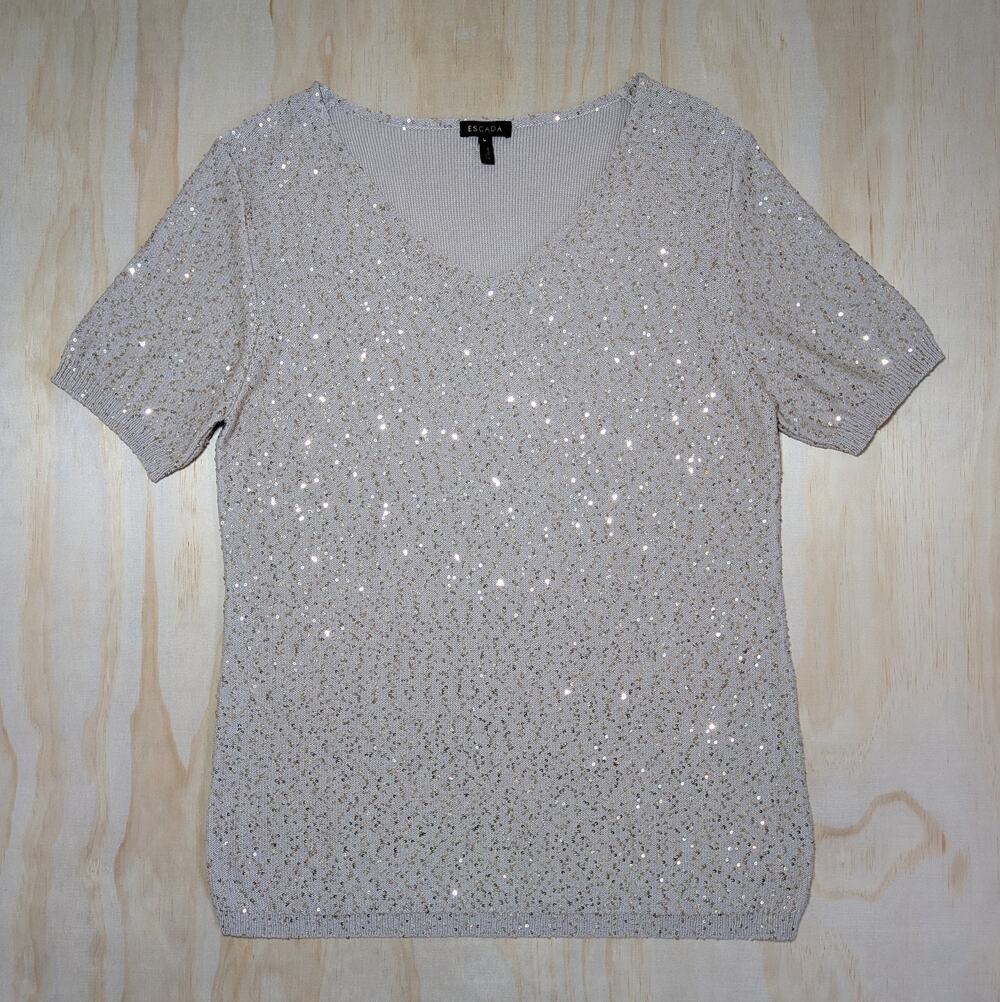 Escada Sagira Top Large Silk Cotton Sequin Knit Short Sleeve Blouse Beige Italy